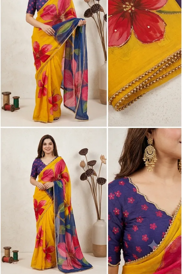 Mustard_Yellow_&_Navy_Blue_Handcrafted_Georgette_Saree