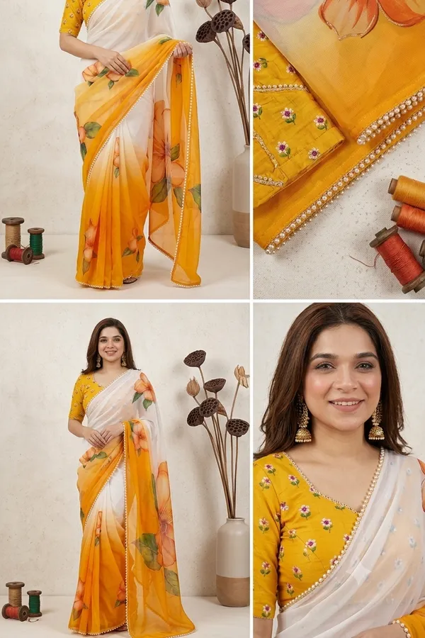 Sunshine_Yellow_&_White_Ombre_Handcrafted_Georgette_Saree