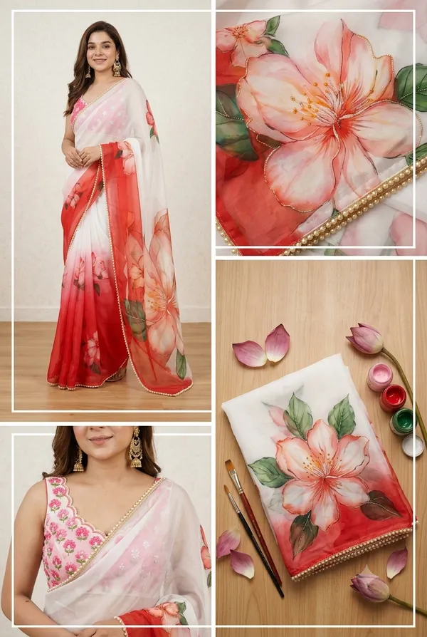 Crimson_Red_&_White_Ombre_Handcrafted_Georgette_Saree