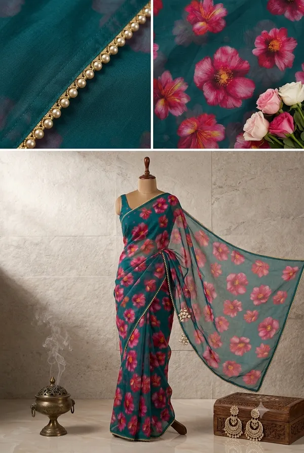 Peacock_Teal_Handcrafted_Georgette_Saree
