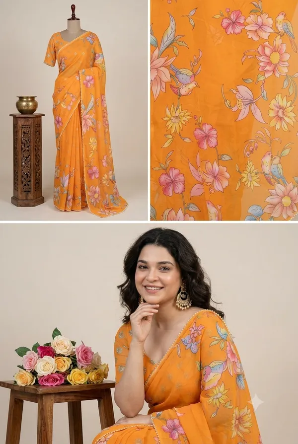 Marigold_Orange_Floral_&_Songbird_Georgette_Saree