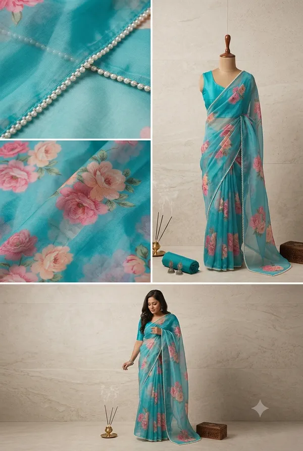 Turquoise_Blue_Floral_Georgette_Saree