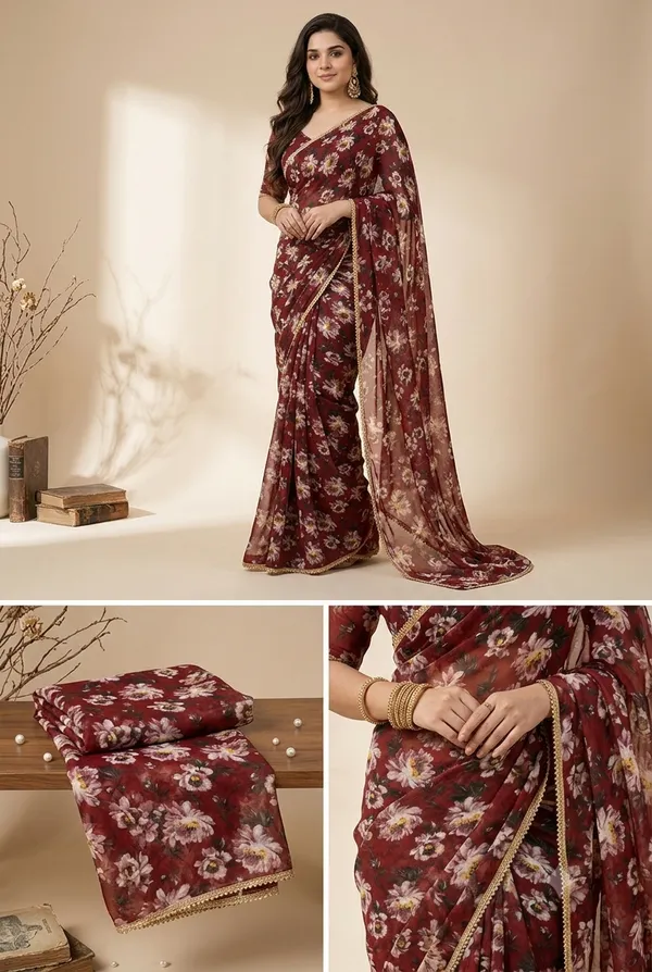 Wine_Aster_Floral_Georgette_Saree