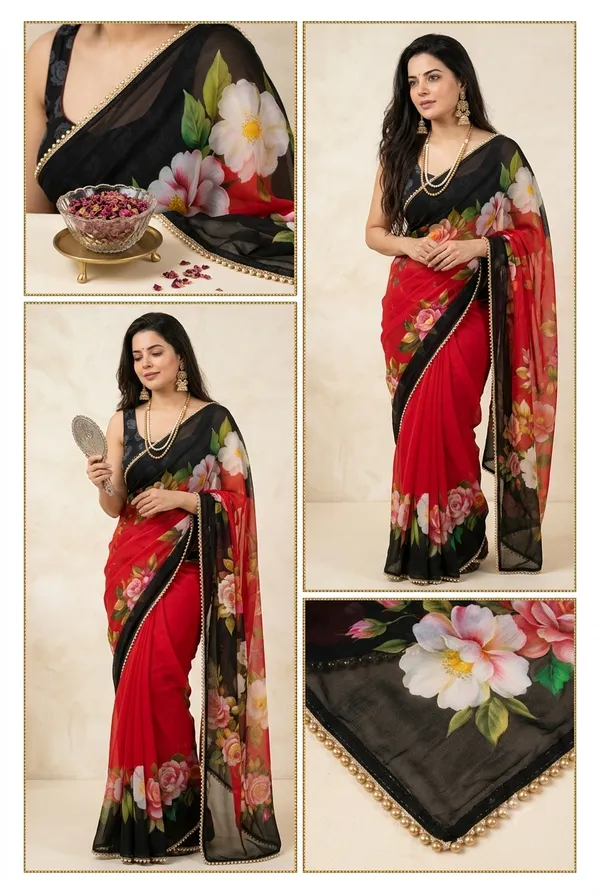Crimson_&_Charcoal_Rose_Georgette_Saree