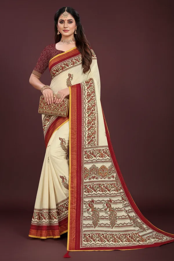 Cream_&_Teal_Floral_Print_Saree
