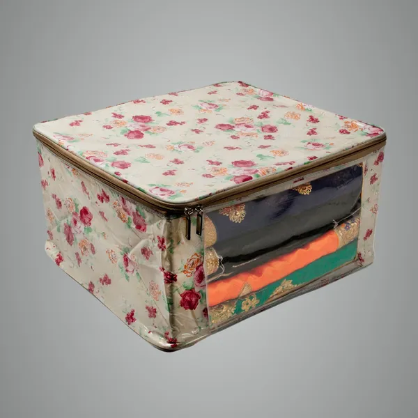 Designer_Saree_Garment_Packing_Cover_With_Transparent_Window_|_Laminated_Canvas_Printed_Fabric_Storage_Organizer_|_Heavy_Zip_Garment_Bag_(Floral_Print)