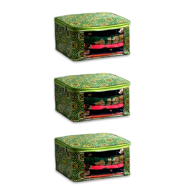 Designer_Saree_Storage_Organizer_With_Transparent_Window_|_Multi_Garment_Packing_Cover_|_Laminated_Canvas_Printed_Fabric_Bag_With_Heavy_Zip_(Green_Bandhani)