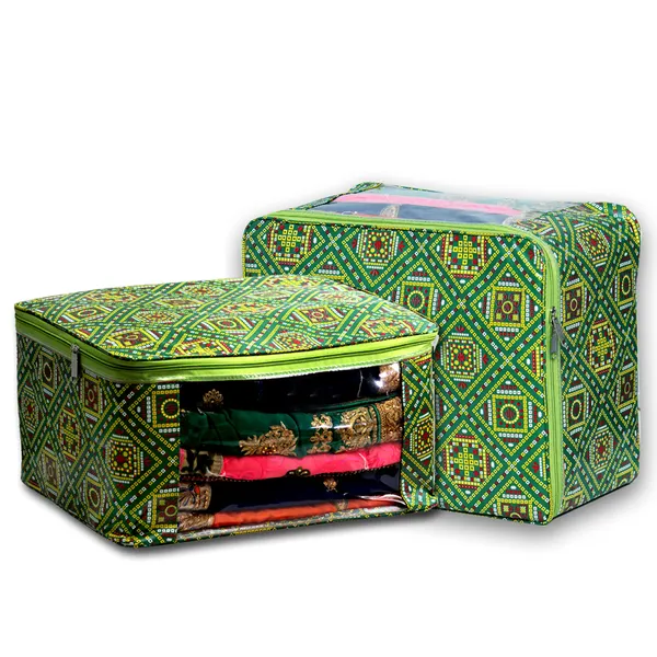 Designer_Saree_Storage_Organizer_With_Transparent_Window_|_Multi_Garment_Packing_Cover_|_Laminated_Canvas_Printed_Fabric_Bag_With_Heavy_Zip_(Green_Bandhani)