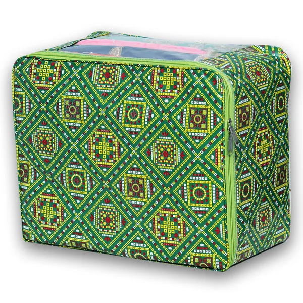Designer_Saree_Storage_Organizer_With_Transparent_Window_|_Multi_Garment_Packing_Cover_|_Laminated_Canvas_Printed_Fabric_Bag_With_Heavy_Zip_(Green_Bandhani)
