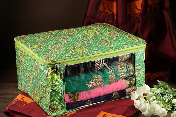 Designer_Saree_Storage_Organizer_With_Transparent_Window_|_Multi_Garment_Packing_Cover_|_Laminated_Canvas_Printed_Fabric_Bag_With_Heavy_Zip_(Green_Bandhani)