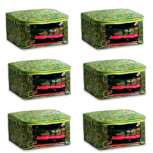 Designer_Saree_Storage_Organizer_With_Transparent_Window_|_Multi_Garment_Packing_Cover_|_Laminated_Canvas_Printed_Fabric_Bag_With_Heavy_Zip_(Green_Bandhani)