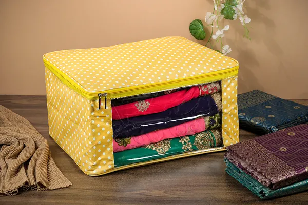 Multi_Saree_/_Garment_Packing_Cover_With_Transparent_Window_|_Laminated_Canvas_Printed_Fabric_Storage_Organizer_|_Heavy_Zip_Saree_Storage_Bag_With_Rust-Free_Zinc_Runner_(Yellow_Dots)