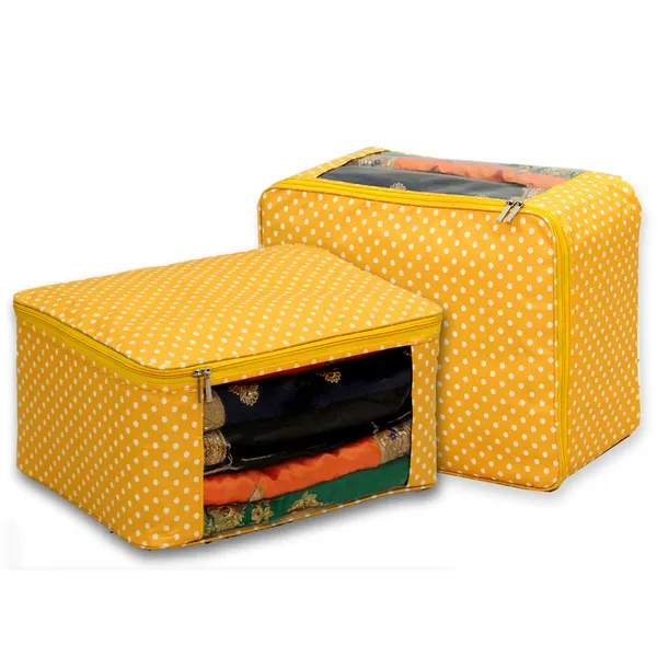 Multi_Saree_/_Garment_Packing_Cover_With_Transparent_Window_|_Laminated_Canvas_Printed_Fabric_Storage_Organizer_|_Heavy_Zip_Saree_Storage_Bag_With_Rust-Free_Zinc_Runner_(Yellow_Dots)