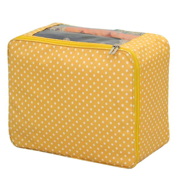 Multi_Saree_/_Garment_Packing_Cover_With_Transparent_Window_|_Laminated_Canvas_Printed_Fabric_Storage_Organizer_|_Heavy_Zip_Saree_Storage_Bag_With_Rust-Free_Zinc_Runner_(Yellow_Dots)