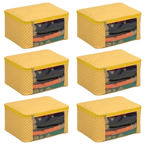 Multi_Saree_/_Garment_Packing_Cover_With_Transparent_Window_|_Laminated_Canvas_Printed_Fabric_Storage_Organizer_|_Heavy_Zip_Saree_Storage_Bag_With_Rust-Free_Zinc_Runner_(Yellow_Dots)