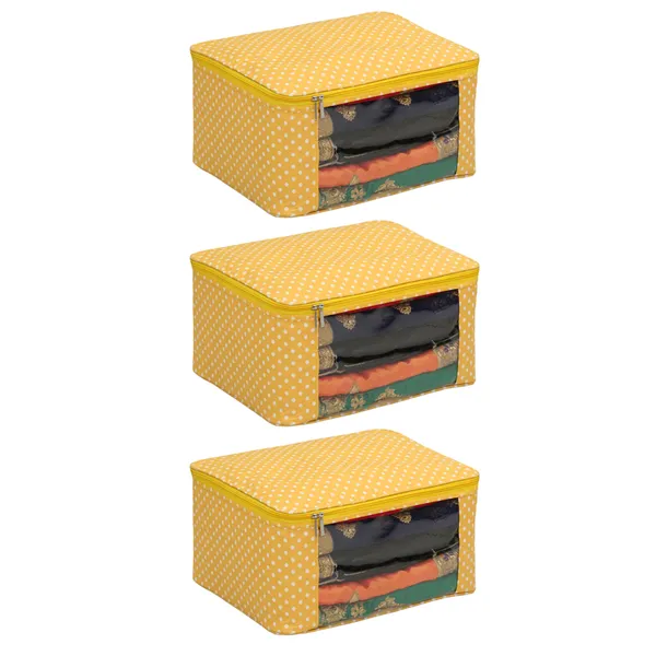 Multi_Saree_/_Garment_Packing_Cover_With_Transparent_Window_|_Laminated_Canvas_Printed_Fabric_Storage_Organizer_|_Heavy_Zip_Saree_Storage_Bag_With_Rust-Free_Zinc_Runner_(Yellow_Dots)