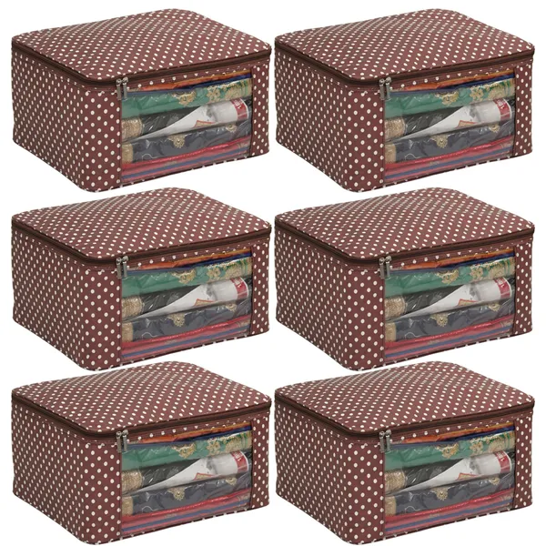 Multipurpose_Saree_Storage_Organizer_With_Front_Window_|_Laminated_Canvas_Printed_Fabric_Garment_Packing_Cover_|_Heavy_Zip_Zinc_Runner_(Brown_Dots)