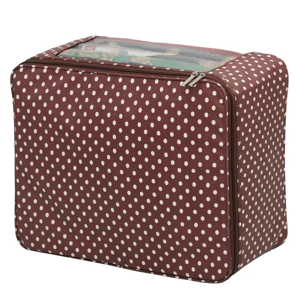 Multipurpose_Saree_Storage_Organizer_With_Front_Window_|_Laminated_Canvas_Printed_Fabric_Garment_Packing_Cover_|_Heavy_Zip_Zinc_Runner_(Brown_Dots)