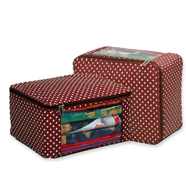 Multipurpose_Saree_Storage_Organizer_With_Front_Window_|_Laminated_Canvas_Printed_Fabric_Garment_Packing_Cover_|_Heavy_Zip_Zinc_Runner_(Brown_Dots)