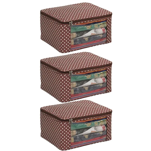 Multipurpose_Saree_Storage_Organizer_With_Front_Window_|_Laminated_Canvas_Printed_Fabric_Garment_Packing_Cover_|_Heavy_Zip_Zinc_Runner_(Brown_Dots)