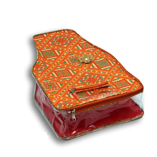 Multipurpose_Blouse_Packing_Cover_With_Zip_|_Saree_Blouse_Storage_Organizer_Bag_|_Printed_Fabric_Transparent_Window_Packing_Bag_(Orange_Bandhani)