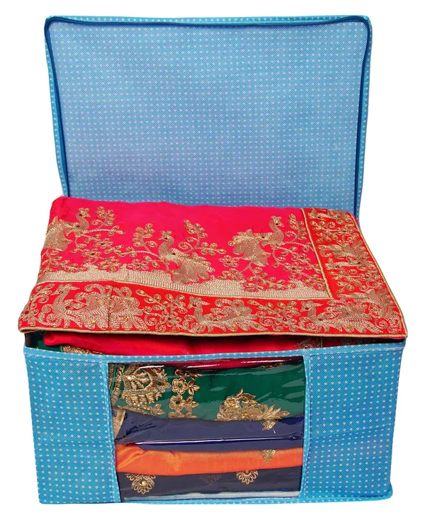 Large_Foldable_Clothes_Storage_Bag_With_Zipper_&_Transparent_Window_|_Blue_Polka_Dot_Wardrobe_Organizer_For_Saree,_Blanket_&_Quilt_Storage_(Pack_Of_6)