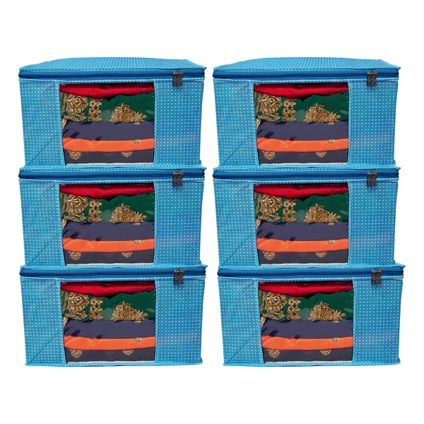 Large_Foldable_Clothes_Storage_Bag_With_Zipper_&_Transparent_Window_|_Blue_Polka_Dot_Wardrobe_Organizer_For_Saree,_Blanket_&_Quilt_Storage_(Pack_Of_6)