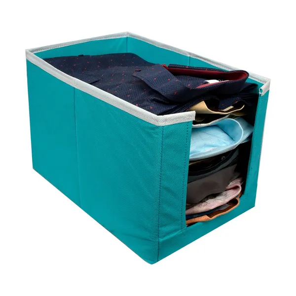 Multipurpose_Clothes_Storage_Box_With_Front_Window_|_Foldable_Wardrobe_Organizer_For_Dresses,_Kurtis_&_Kids_Clothes_|_Non-Woven_Storage_Bin_20L_(Teal)