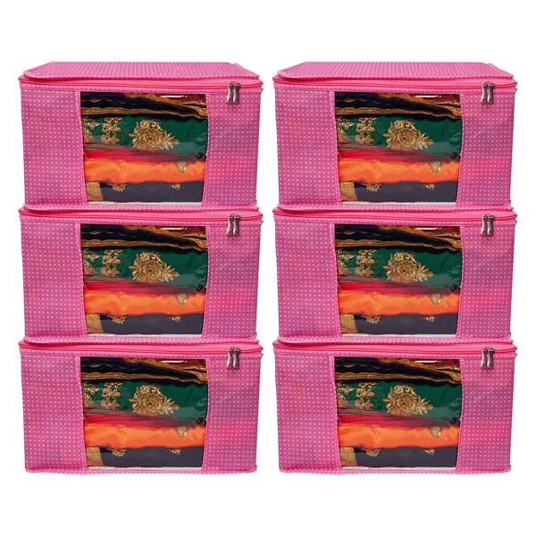 Multipurpose_Foldable_Clothes_Storage_Organizer_With_Front_Window_|_Polka_Dot_Saree,_Blanket_&_Garment_Storage_Bag_For_Wardrobe_(Pack_Of_6)