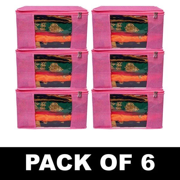 Multipurpose_Foldable_Clothes_Storage_Organizer_With_Front_Window_|_Polka_Dot_Saree,_Blanket_&_Garment_Storage_Bag_For_Wardrobe_(Pack_Of_6)