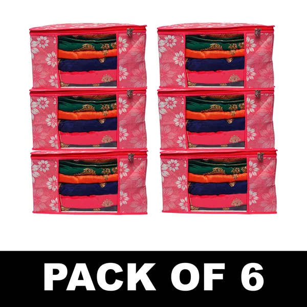Multipurpose_Foldable_Clothes_Storage_Organizer_With_Front_Window_|_Floral_Print_Blanket,_Saree_&_Garment_Storage_Bag_For_Wardrobe_(Pack_Of_6)
