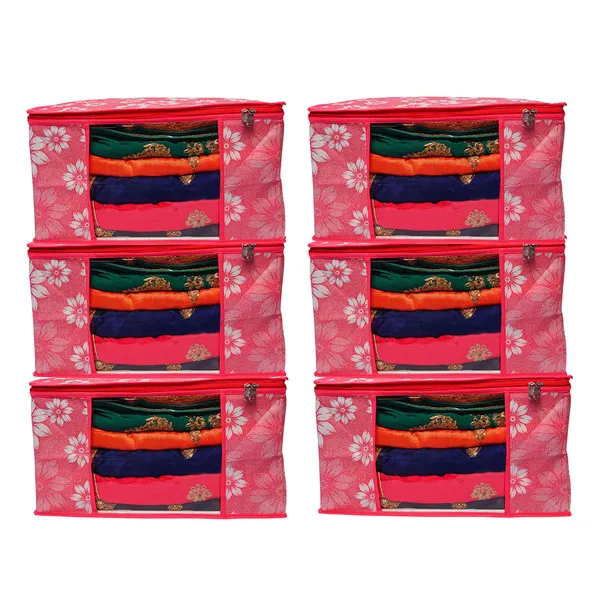 Multipurpose_Foldable_Clothes_Storage_Organizer_With_Front_Window_|_Floral_Print_Blanket,_Saree_&_Garment_Storage_Bag_For_Wardrobe_(Pack_Of_6)