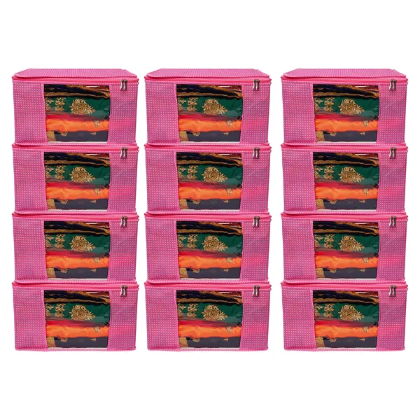 Multipurpose_Foldable_Clothes_Storage_Organizer_With_Front_Window_|_Polka_Dot_Saree,_Blanket_&_Garment_Storage_Bag_For_Wardrobe_(Pack_Of_12)