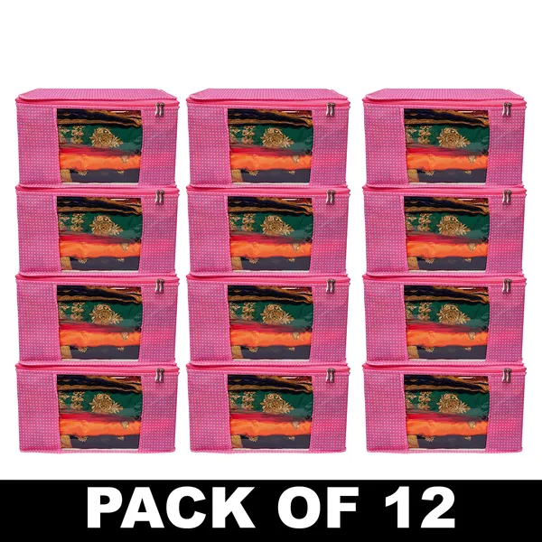 Multipurpose_Foldable_Clothes_Storage_Organizer_With_Front_Window_|_Polka_Dot_Saree,_Blanket_&_Garment_Storage_Bag_For_Wardrobe_(Pack_Of_12)