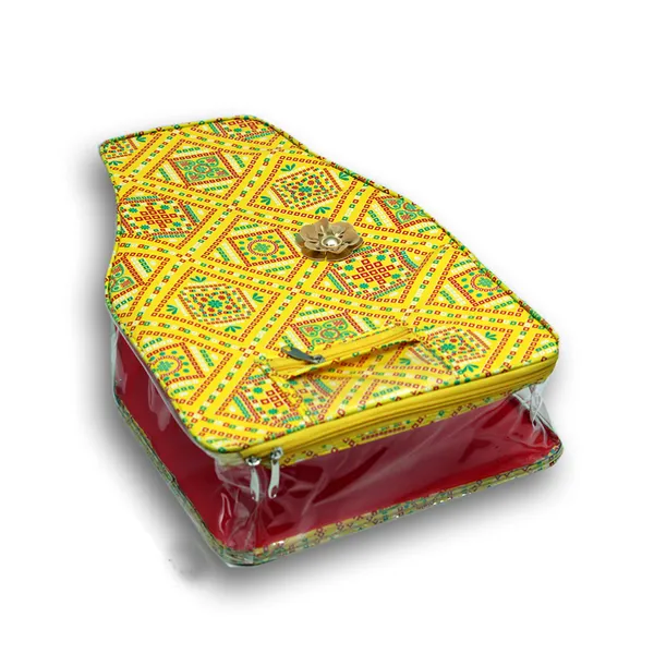 Designer_Saree_Blouse_Packing_Cover_With_Zip_|_Multi_Blouse_Storage_Organizer_Bag_|_Printed_Fabric_Packing_Pouch_With_Window_(Yellow_Bandhani)