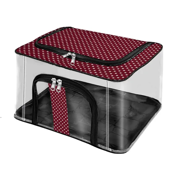 Multipurpose_Transparent_Wardrobe_Storage_Bag_|_Clothes_Organizer_With_Dual_Zipper_|_Foldable_Saree_Garment_Storage_Box_(Maroon)