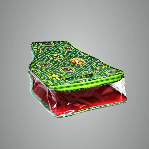 Designer_Multi_Blouse_Packing_Cover_With_Zip_|_Saree_Blouse_Storage_Organizer_With_Transparent_Window_|_Printed_Fabric_Packing_Bag_(Green_Bandhani)