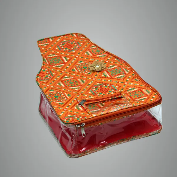 Multipurpose_Blouse_Packing_Cover_With_Zip_|_Saree_Blouse_Storage_Organizer_Bag_|_Printed_Fabric_Transparent_Window_Packing_Bag_(Orange_Bandhani)