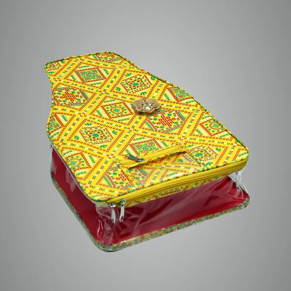 Designer_Saree_Blouse_Packing_Cover_With_Zip_|_Multi_Blouse_Storage_Organizer_Bag_|_Printed_Fabric_Packing_Pouch_With_Window_(Yellow_Bandhani)