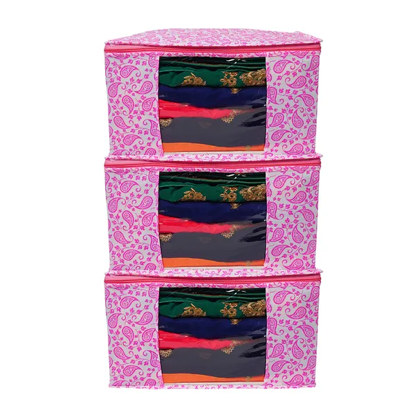 Large_Foldable_Clothes_Storage_Bag_With_Zipper_&_Transparent_Window_|_Paisley_Print_Wardrobe_Organizer_For_Saree,_Blanket_&_Quilt_Storage_(Pack_Of_3)