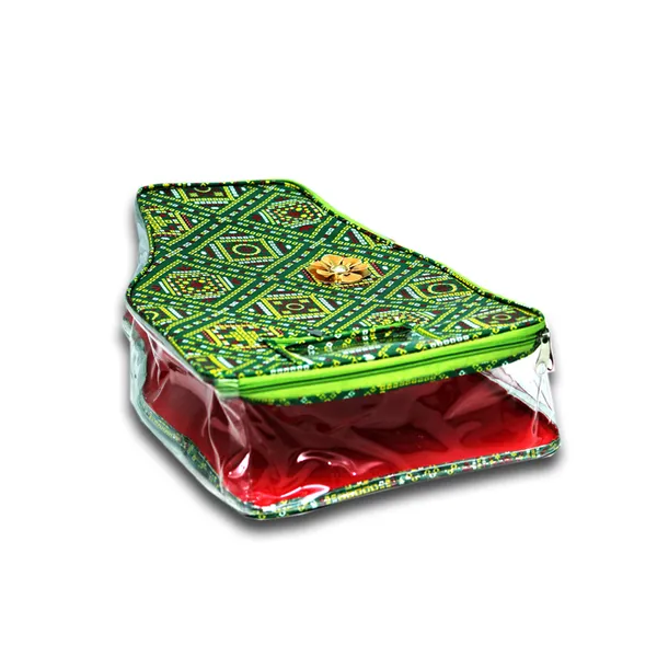 Designer_Multi_Blouse_Packing_Cover_With_Zip_|_Saree_Blouse_Storage_Organizer_With_Transparent_Window_|_Printed_Fabric_Packing_Bag_(Green_Bandhani)