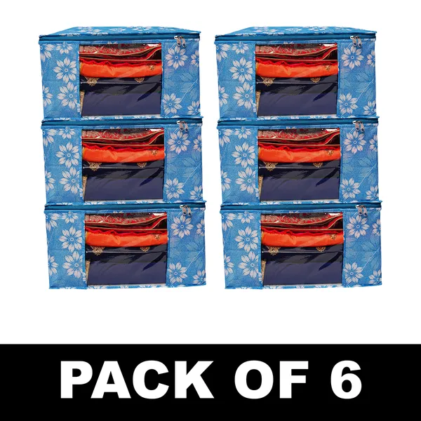 Blue_Floral_Foldable_Storage_Bag_With_Zipper_Window_|_Large_Clothes_&_Blanket_Organizer_For_Wardrobe_(Pack_Of_6)