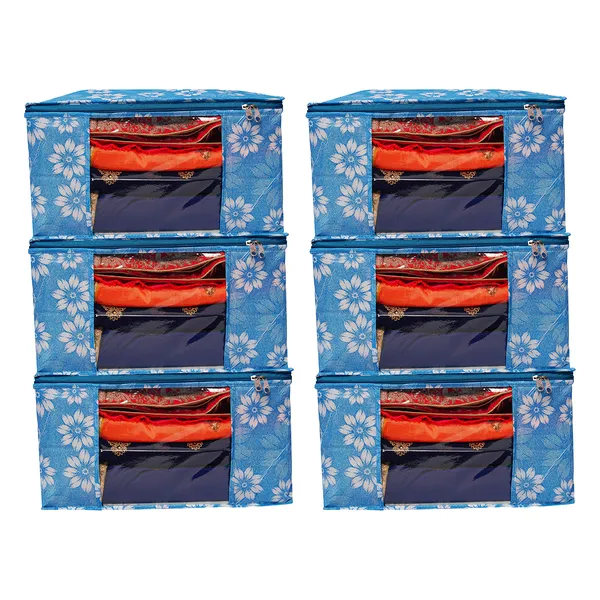 Blue_Floral_Foldable_Storage_Bag_With_Zipper_Window_|_Large_Clothes_&_Blanket_Organizer_For_Wardrobe_(Pack_Of_6)