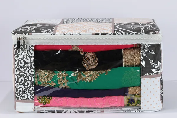 Designer_Multi_Saree_Packing_Cover_With_Transparent_Window_|_Laminated_Canvas_Printed_Fabric_Storage_Organizer_|_Heavy_Zip_Garment_Storage_Bag_(White_Print)