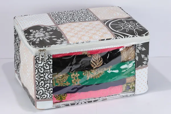 Designer_Multi_Saree_Packing_Cover_With_Transparent_Window_|_Laminated_Canvas_Printed_Fabric_Storage_Organizer_|_Heavy_Zip_Garment_Storage_Bag_(White_Print)