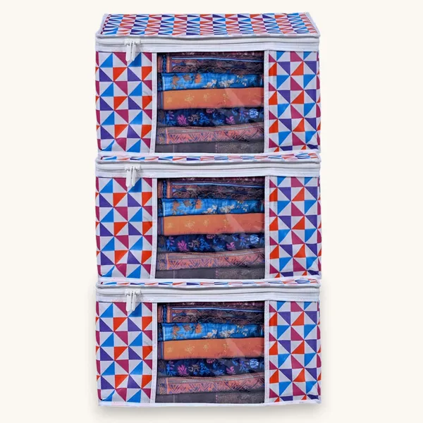 Large_Foldable_Clothes_Storage_Bag_With_Zipper_&_Transparent_Window_|_Multicolor_Geometric_Wardrobe_Organizer_For_Saree,_Blanket_&_Quilt_Storage_|_Saree_Cover_Storage_Box_For_Clothes_With_Premium_Quality_Non_Woven_Combo_Offer_Saree_Organizer_For_Wardrobe/Organizers_For_Clothes/Saree_Cover_(Pack_Of_3)