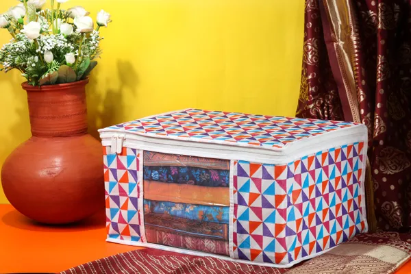 Large_Foldable_Clothes_Storage_Bag_With_Zipper_&_Transparent_Window_|_Multicolor_Geometric_Wardrobe_Organizer_For_Saree,_Blanket_&_Quilt_Storage_|_Saree_Cover_Storage_Box_For_Clothes_With_Premium_Quality_Non_Woven_Combo_Offer_Saree_Organizer_For_Wardrobe/Organizers_For_Clothes/Saree_Cover_(Pack_Of_3)