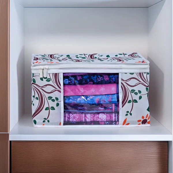 Large_Foldable_Clothes_Storage_Bag_With_Zipper_&_Transparent_Window_|_White_Leaf_Print_Wardrobe_Organizer_For_Saree,_Blanket_&_Quilt_Storage_|_Saree_Cover_Storage_Box_For_Clothes_With_Premium_Quality_Non_Woven_Combo_Offer_Saree_Organizer_For_Wardrobe/Organizers_For_Clothes/Saree_Cover_(Pack_Of_12)