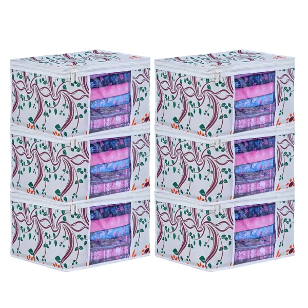 Large_Foldable_Clothes_Storage_Bag_With_Zipper_&_Transparent_Window_|_White_Leaf_Print_Wardrobe_Organizer_For_Saree,_Blanket_&_Quilt_Storage_|_Saree_Cover_Storage_Box_For_Clothes_With_Premium_Quality_Non_Woven_Combo_Offer_Saree_Organizer_For_Wardrobe/Organizers_For_Clothes/Saree_Cover_(Pack_Of_6)