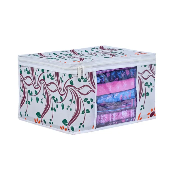 Large_Foldable_Clothes_Storage_Bag_With_Zipper_&_Transparent_Window_|_White_Leaf_Print_Wardrobe_Organizer_For_Saree,_Blanket_&_Quilt_Storage_|_Saree_Cover_Storage_Box_For_Clothes_With_Premium_Quality_Non_Woven_Combo_Offer_Saree_Organizer_For_Wardrobe/Organizers_For_Clothes/Saree_Cover_(Pack_Of_6)